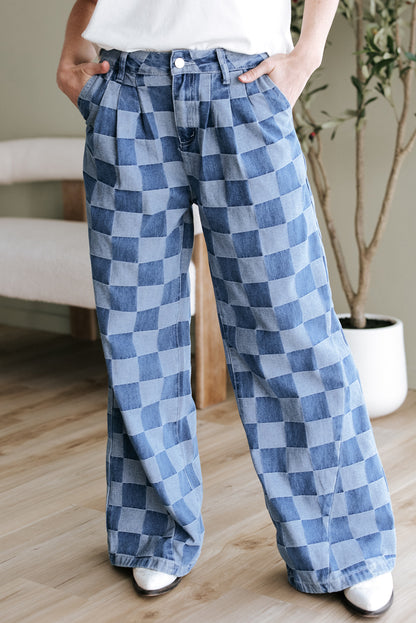 Abendblaue Jeans mit weitem Bein und Karomuster