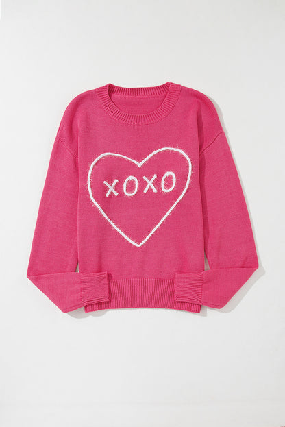 Rippstrickpullover mit überschnittener Schulterpartie und Rosenherz-XOXO-Muster