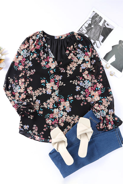 Schwarze Chiffonbluse mit Wildblumen-Print