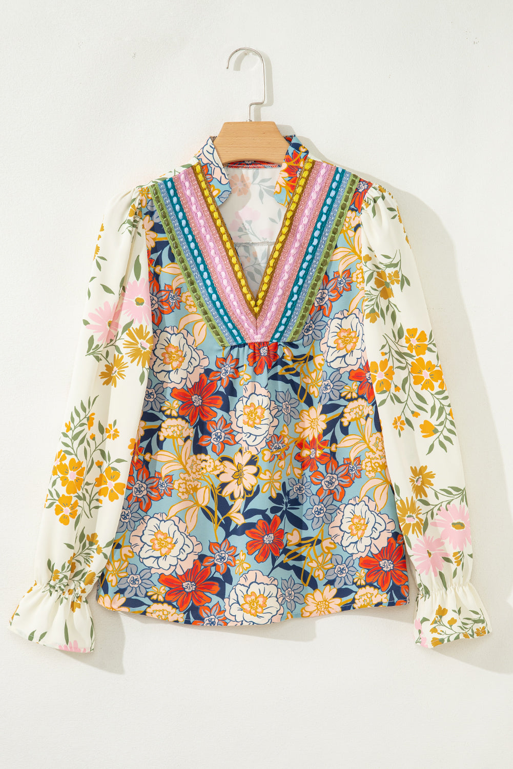 Sky Blue Floral Print Ruffled Long Sleeve Crochet Trim V Neck Blouse