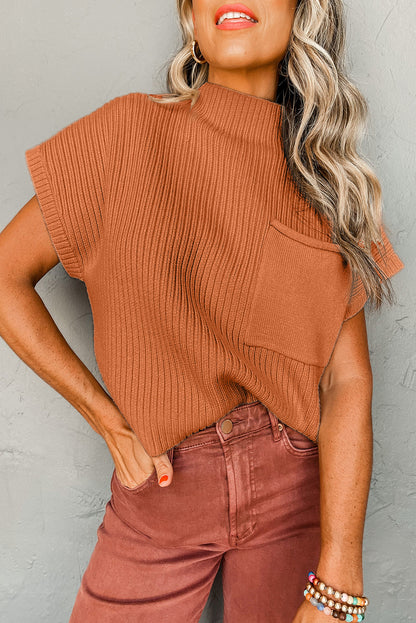 Gold Flame Patch Pocket Rippstrick-Kurzarmpullover