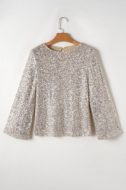 Silberne Bluse mit Pailletten, Puffärmeln und Cut-Out am Rücken