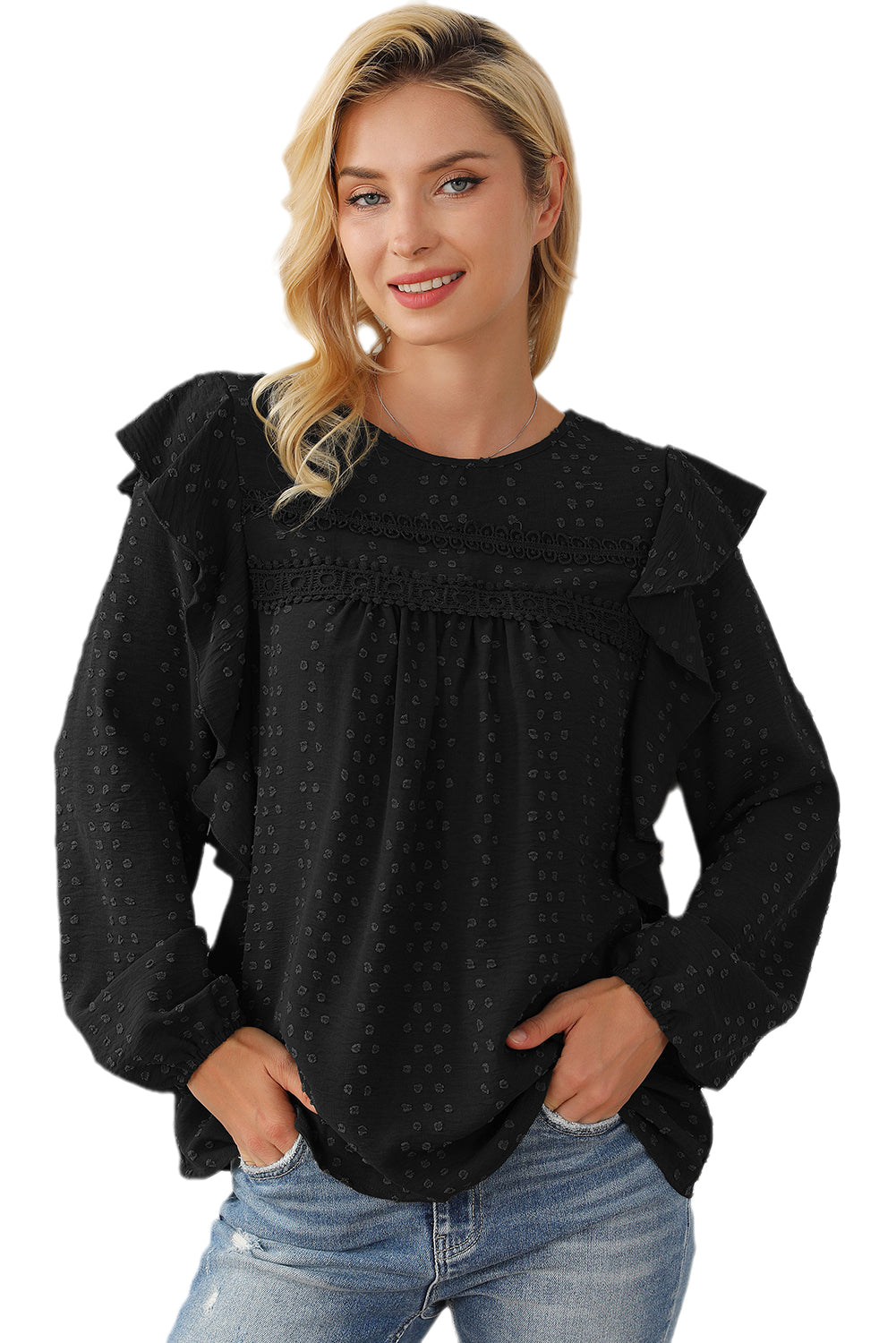 Schwarze Bluse mit langen Ärmeln und Ösen an der Schulter aus Spitze und Rüschen