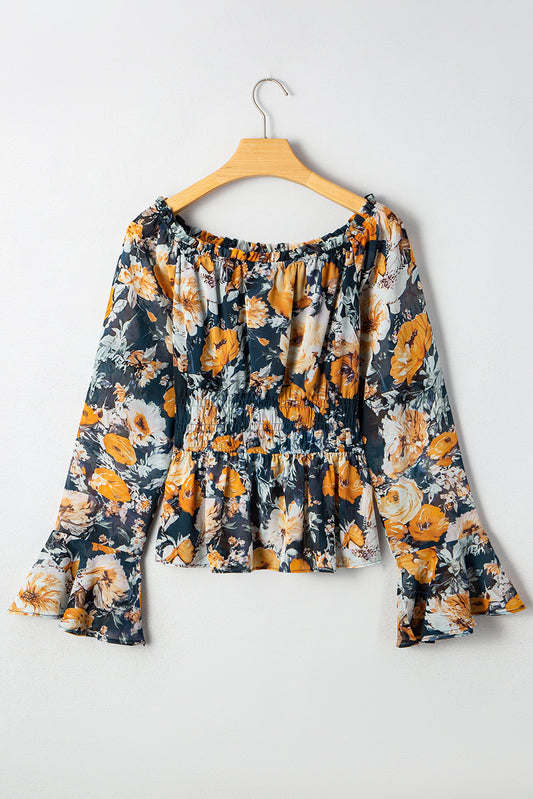 Blue Floral Off Shoulder Bell Sleeve Smocked Peplum Top