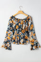 Blue Floral Off Shoulder Bell Sleeve Smocked Peplum Top