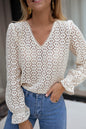 Beige Flower Lace V Neck Ruffled Sleeve Top