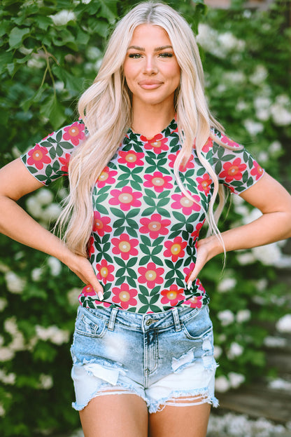 Feurig rotes T-Shirt mit Rundhalsausschnitt und Retro-Blumendruck