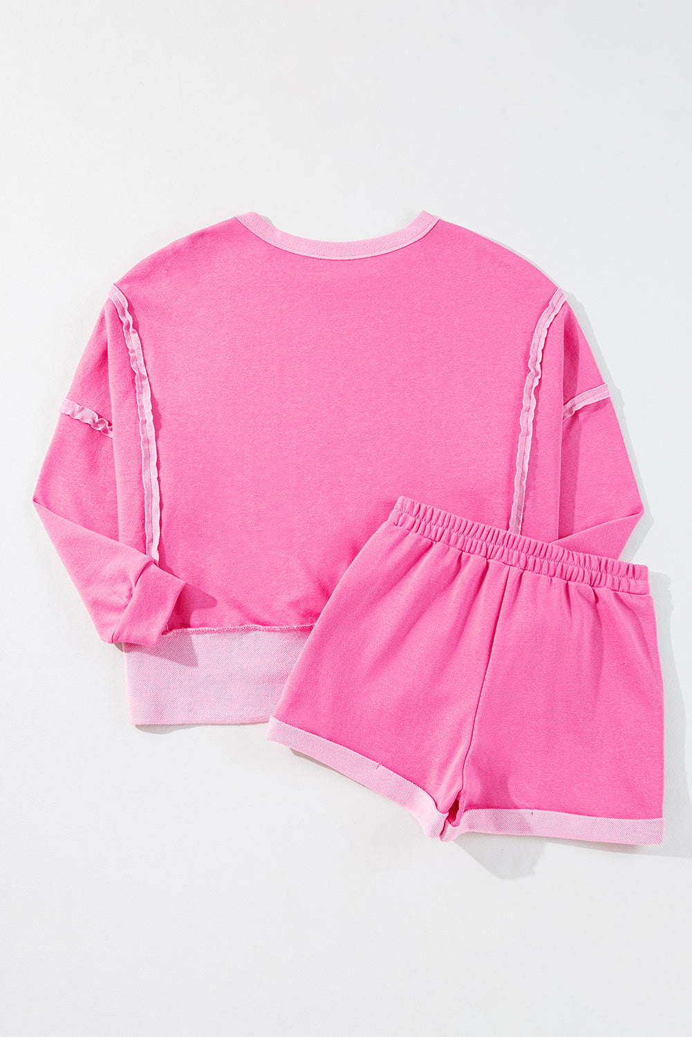 Sachet Pink High Low Patchwork Langarm-Top und Shorts Set