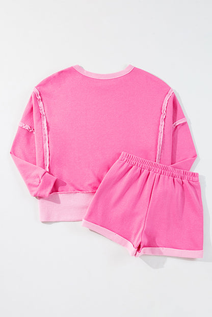 Sachet Pink High Low Patchwork Langarm-Top und Shorts Set
