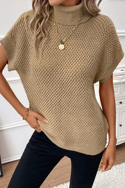 Strukturierter Rollkragenpullover mit kurzen Ärmeln in Hellkhaki