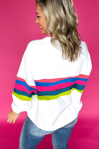 Weißes, langärmliges T-Shirt mit bunten Streifen