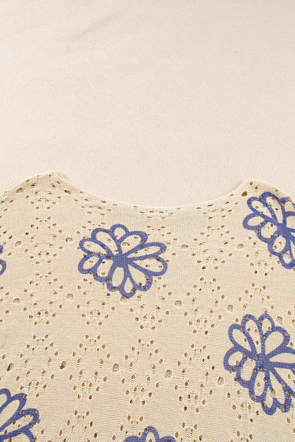 Beigefarbener Pullover mit kontrastierendem Blumenmuster und überschnittener Schulter