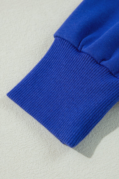 Dunkelblauer, einfarbiger, kurzer Hoodie mit überschnittener Schulterpartie und Kordelzug