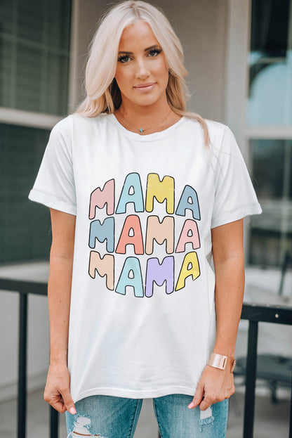 Weißes, lässiges T-Shirt mit Rundhalsausschnitt und MAMA-Slogan-Print
