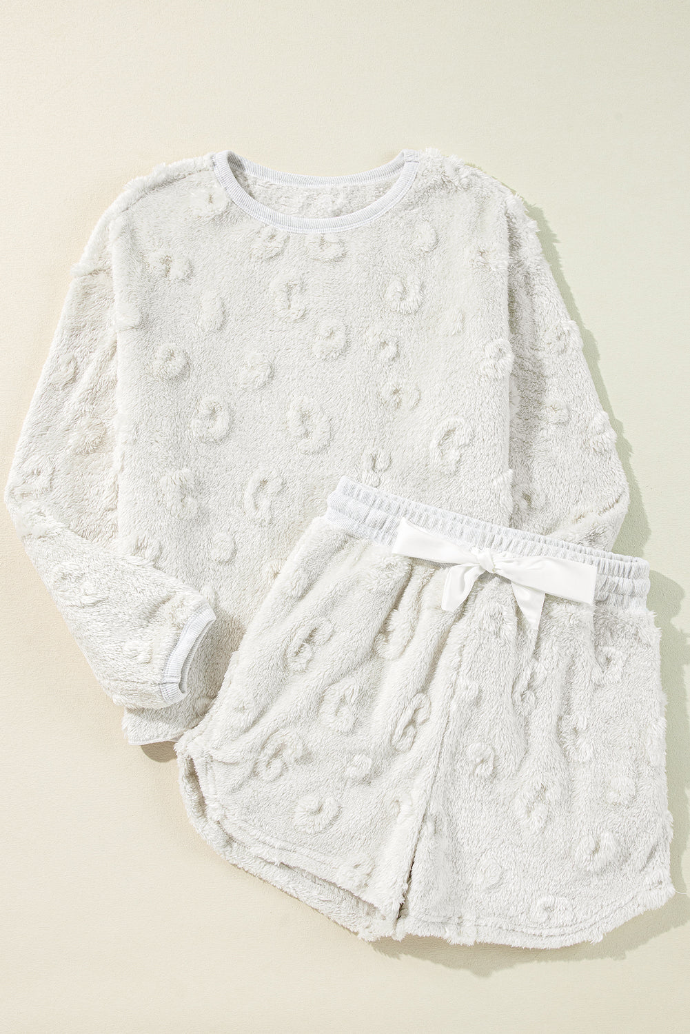Hellgraues, strukturiertes, lockeres, zweiteiliges Lounge-Set aus Fleece mit Leopardenmuster