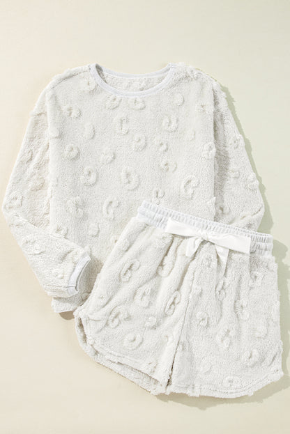 Hellgraues, strukturiertes, lockeres, zweiteiliges Lounge-Set aus Fleece mit Leopardenmuster