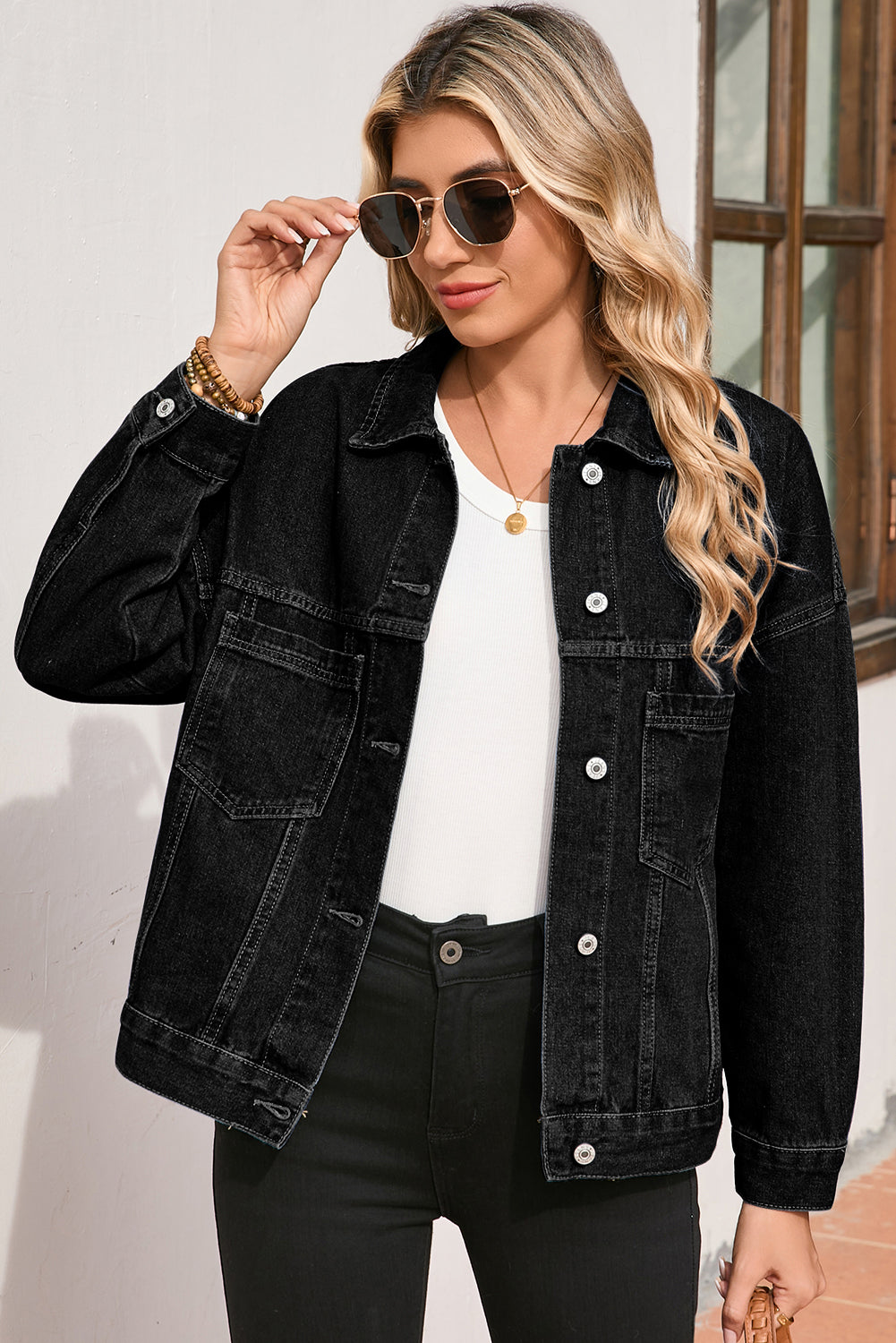 Schwarze, verwaschene Oversize-Jeansjacke mit Taschen