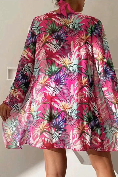 Rosarotes 3-teiliges Neckholder-Bikini-Set mit tropischem Kontrastbesatz und Überzug