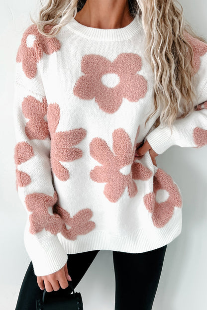 Weißer, strukturierter Pullover mit Blumenmuster und überschnittener Schulter