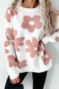 Weißer, strukturierter Pullover mit Blumenmuster und überschnittener Schulter