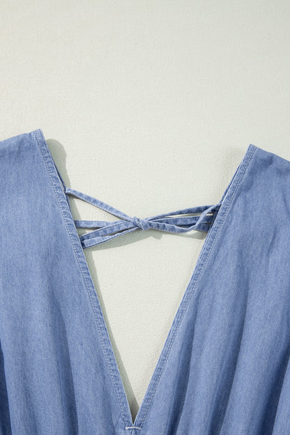 Myosotis Chambray Maxikleid mit tiefem V-Ausschnitt und Armbandärmeln