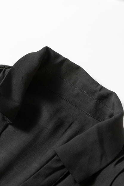 Schwarzes, elastisches, tailliertes, langärmliges Mini-Hemdkleid