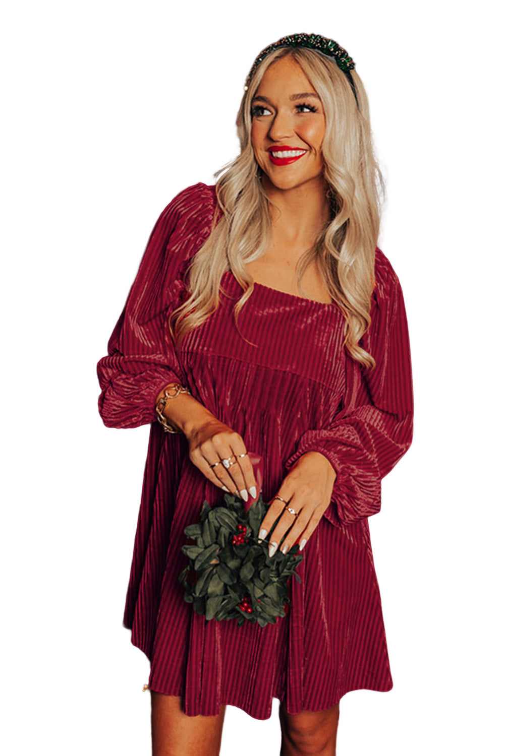 Rotes Babydoll-Kleid aus Samt mit Bindeband und quadratischem Ausschnitt