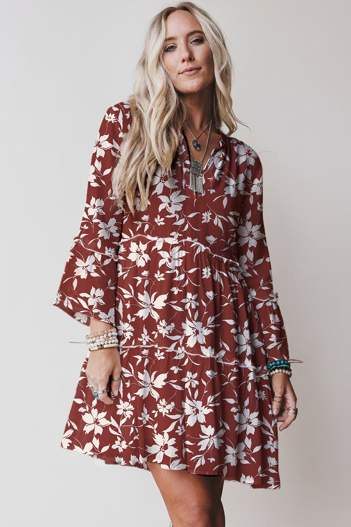 Red Boho Floral Print Lettuce Trim 3/4 Sleeve Mini Dress