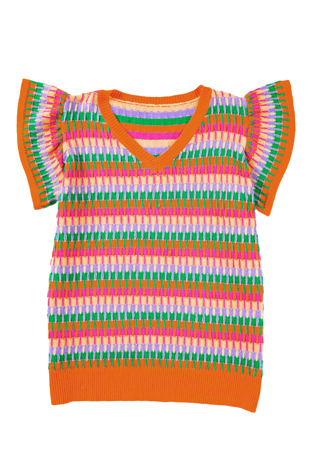Orangefarbenes, mehrfarbiges Strickpullover-Oberteil mit Flatterärmeln