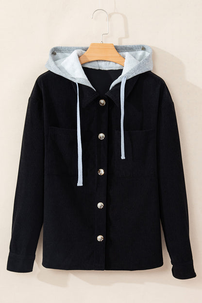 Schwarze Cordjacke mit Kapuze, Kordelzug und Taschen