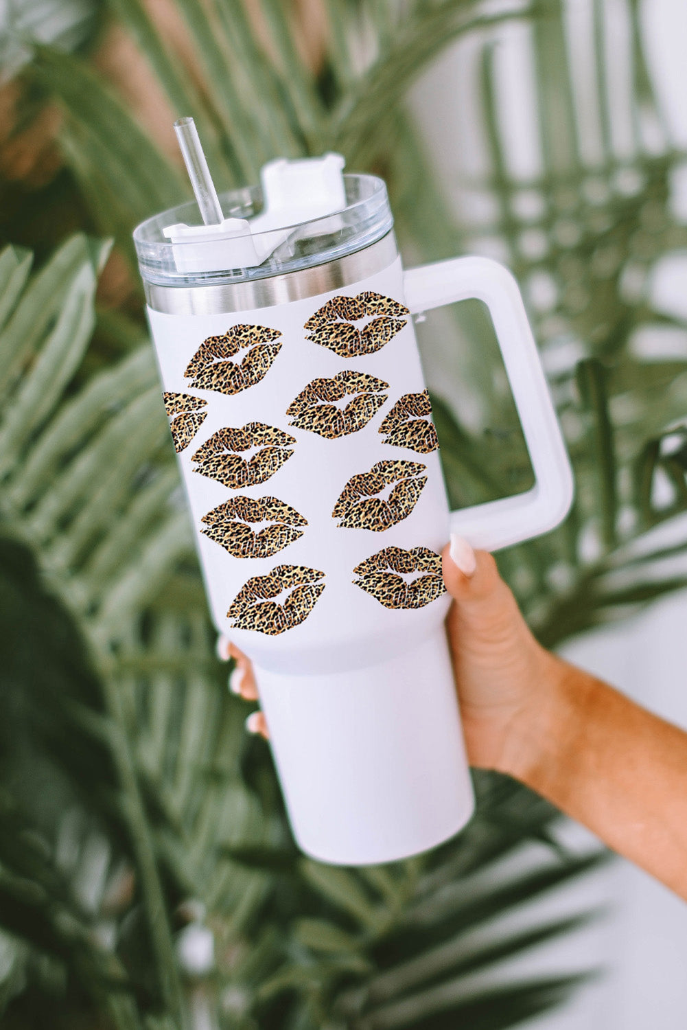 Weißer Valentinstag-Thermosbecher mit Leopardenlippen-Print und Strohhalm, 1,2 l