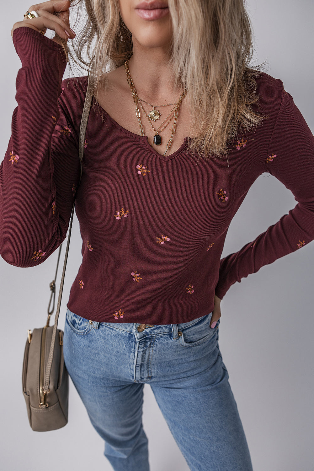 Burgundy Notched Neck Floral Print Ribbed Long Sleeve Top