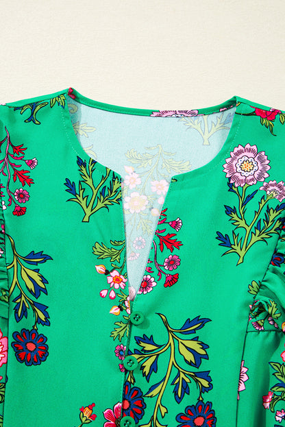 Green Floral Ruffled Three Quarter Sleeve Buttoned Mini Dress