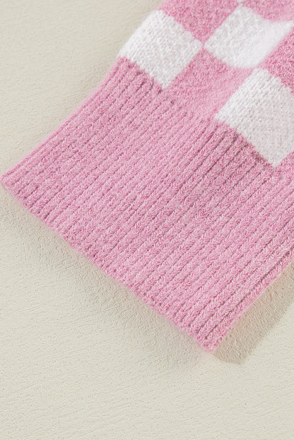 Rosa karierter Pullover mit Knöpfen, Kragen, V-Ausschnitt und überschnittenen Schultern