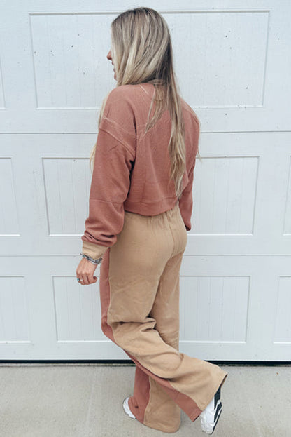 Khaki Color Block Long Sleeve Crop Top Drawstring Pant Set