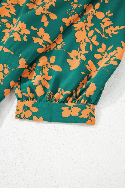 Grünes, fließendes, kurzes Tunika-Kleid mit Blumenmuster und Kordelzug