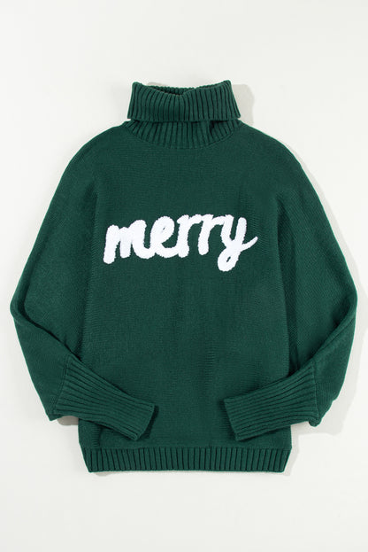 Schwarzgrüner Pullover mit fröhlicher Buchstabenstickerei und hohem Kragen