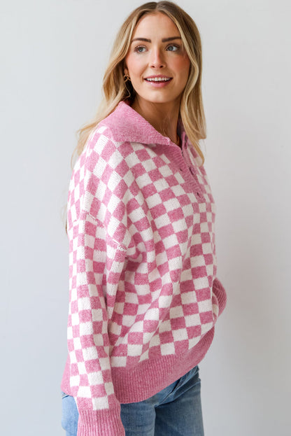 Rosa karierter Pullover mit Knöpfen, Kragen, V-Ausschnitt und überschnittenen Schultern