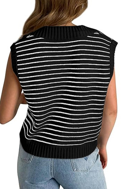 Schwarzes, gestreiftes Umlege-Tanktop mit V-Ausschnitt