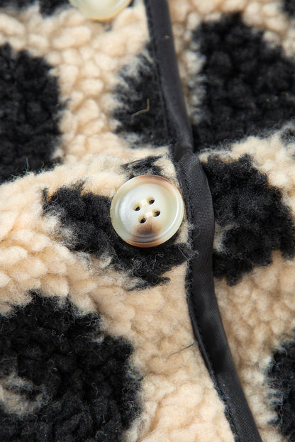 Schwarzer Sherpa-Westenmantel mit Leopardenmuster