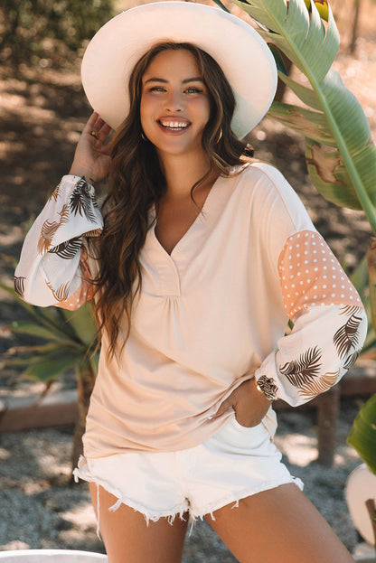 Jet Stream – Lockere Bluse mit Palmenblättern und Punkten, Puffärmeln, Patchwork, V-Ausschnitt