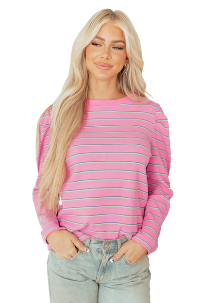 Rose Stripe Textured Knit Round Neck Long Sleeve Top