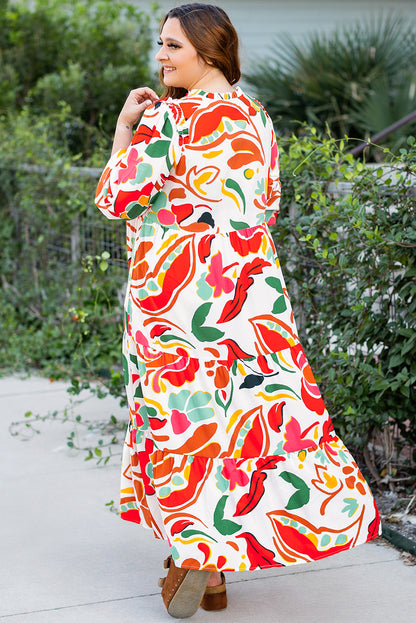 Oranges Kleid mit Blumenmuster und Kordelzug und V-Ausschnitt in Übergröße