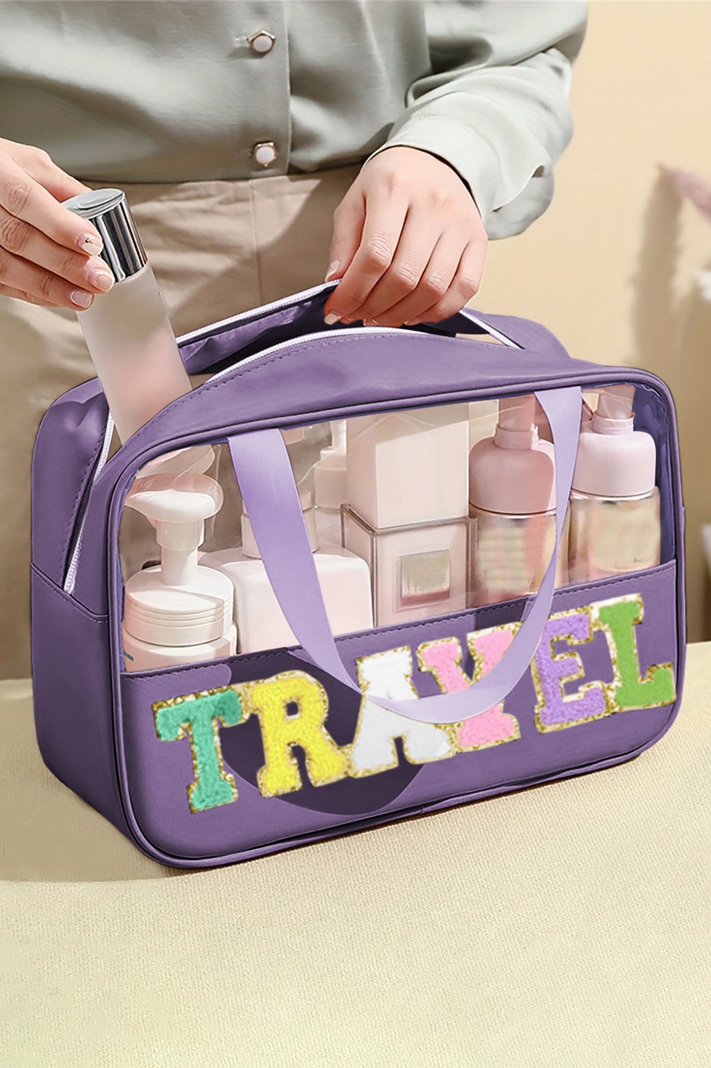 Lilafarbene Kosmetiktasche aus Chenille mit Buchstaben, transparent, PVC