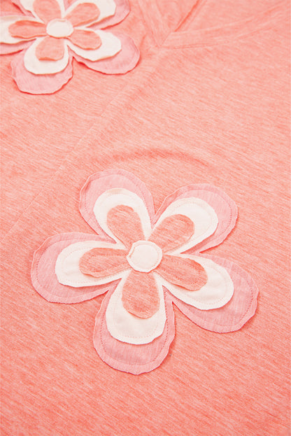 Fresh Salmon Floral Patchwork Langarm T-Shirt mit V-Ausschnitt