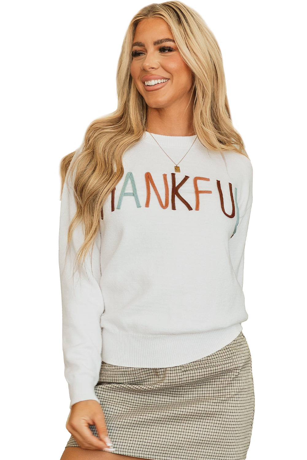 Weißer Pullover mit Stickerei „Thankful Ivory“