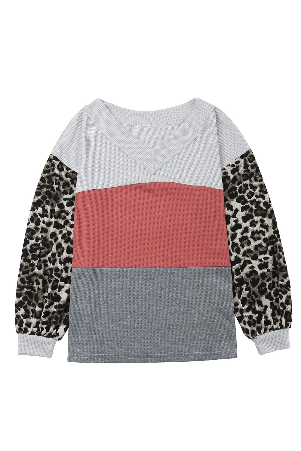 Feuerrotes, wildes Leoparden-Colorblock-Waffelstrick-Oberteil mit kontrastierenden Ärmeln