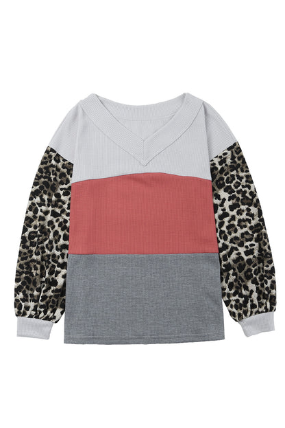 Feuerrotes, wildes Leoparden-Colorblock-Waffelstrick-Oberteil mit kontrastierenden Ärmeln