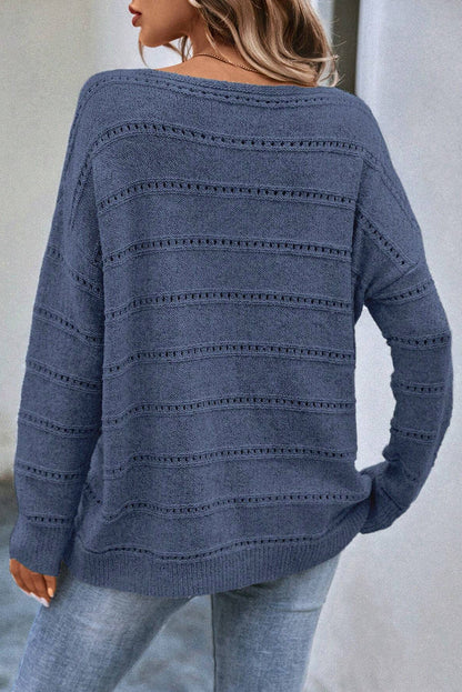 Echter blaugrüner Pointelle-Strickpullover mit U-Boot-Ausschnitt und überschnittener Schulter