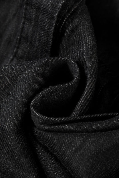 Schwarzes Chambray-Minikleid mit Rüschen, 3/4-Ärmeln, Stufen und V-Ausschnitt